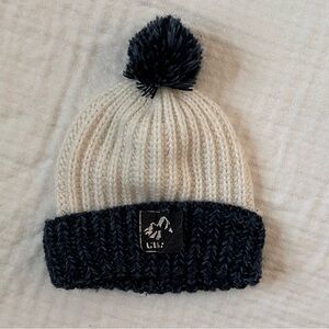 Knit Beanie with Pom-Pom - Cream and Blue